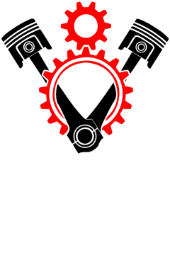 a black and red logo with two gears