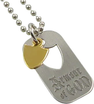 a dog tag on a ball chain