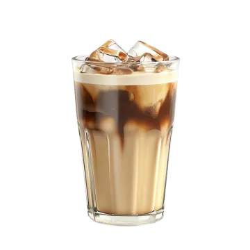 a glass of iced coffee with ice on top