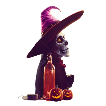 a skeleton wearing a witch hat and holding a bottle
