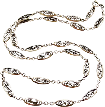 a silver necklace on a white background