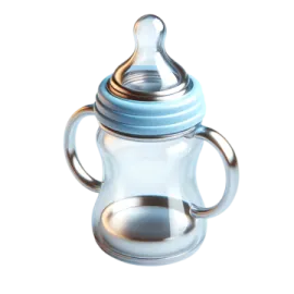 a glass baby bottle with a blue lid