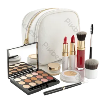 a white bag with cosmetics and makeup products