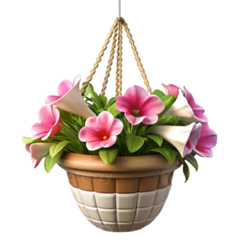 a hanging basket filled with pink flowers