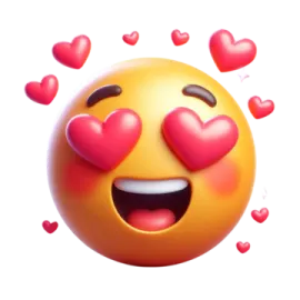 a smiley face with hearts flying out of it