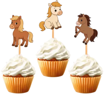 three cupcakes with horses on them