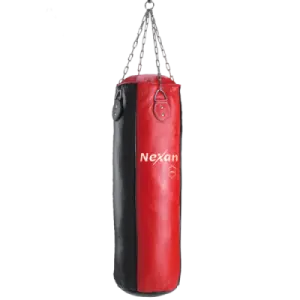 a red and black punching bag hanging on a chain