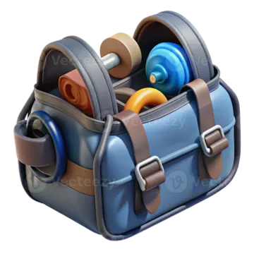 a blue and brown bag filled with toys