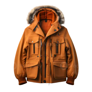 an orange jacket with a fur collar and hood