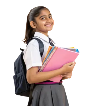 a young girl holding a book and smiling