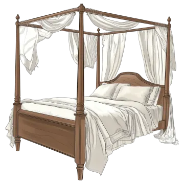 a four poster bed with curtains and pillows