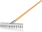 a metal rake with wooden handle