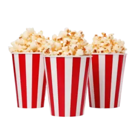 three red and white striped popcorn buckets