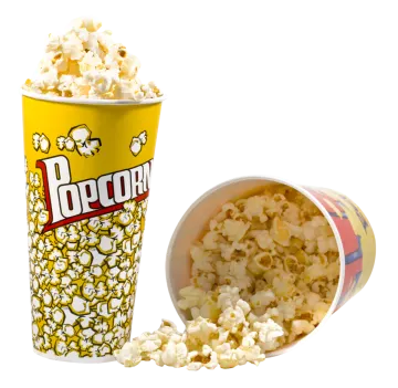 a cup filled with popcorn next to a container of popcorn