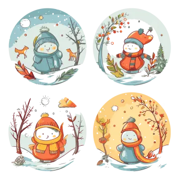four cute foxes in the winter forest