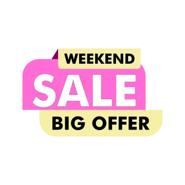 a pink and yellow sticker with the words weekend sale bigger
