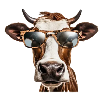 a close up of a cow wearing sunglasses