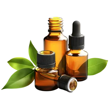 three bottles of essential oil with green leaves