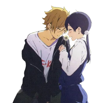 two anime characters, one is hugging and the other is kissing