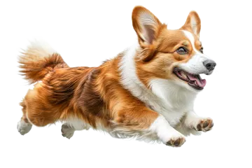 a brown and white dog running in the air