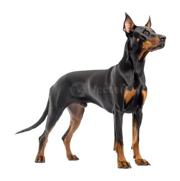 a doberman dog standing in front of a white background