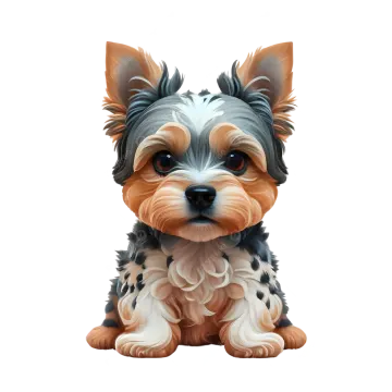 a small dog with blue eyes sitting on a white background