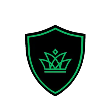a black and green shield with a crown on it