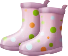 a pair of pink and green rain boots