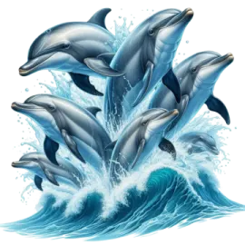 three dolphins jumping out of the water