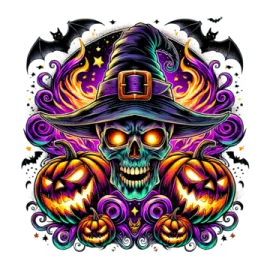 a skull with a witch hat and pumpkins