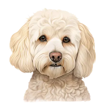 a painting of a white dog with brown eyes