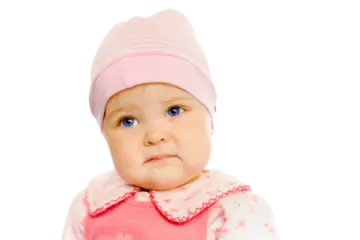 a small child wearing a pink hat and vest