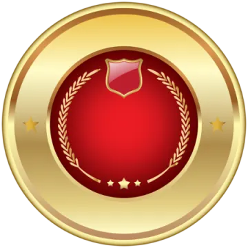 a gold medal with a red ribbon