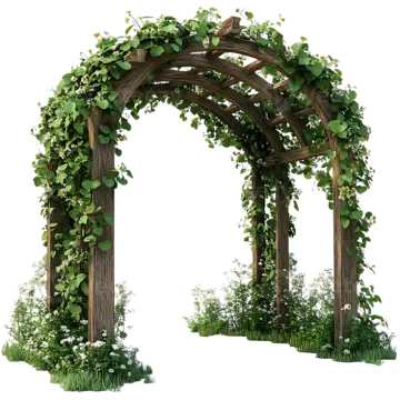 a wooden arch with vines and flowers on it