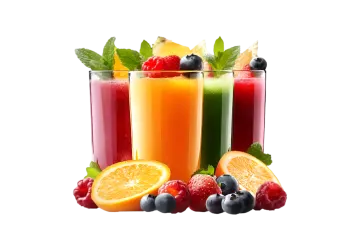three glasses of juice with fruit and berries