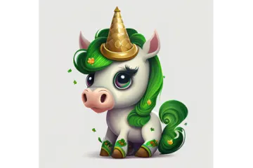 a cartoon unicorn with green hair and a gold hat