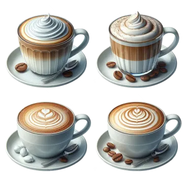 four cups of coffee on white background - food objects