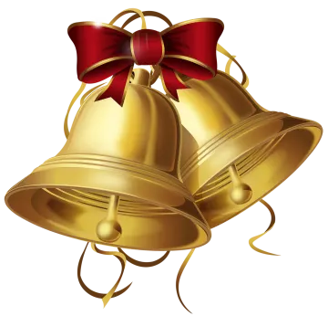 two golden bells with a red bow