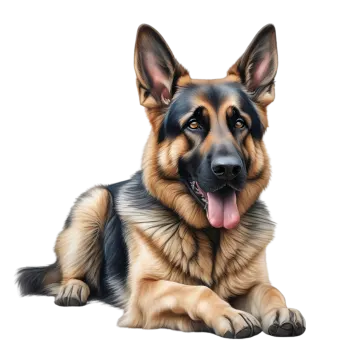 a german shepherd dog laying down with its tongue out