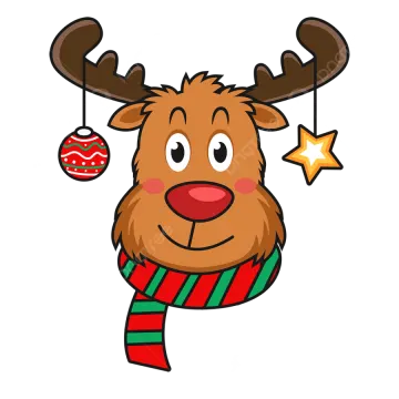 a reindeer wearing a scarf and a christmas orname