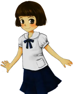 a girl in a white shirt and blue skirt
