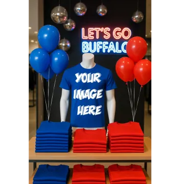 a display with balloons and t - shirts