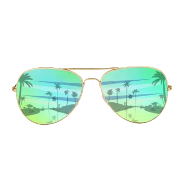 a pair of sunglasses with palm trees in the background