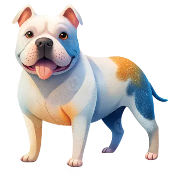 a white and brown dog standing with its tongue out