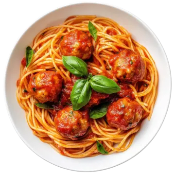 a white bowl filled with spaghetti and meatballs