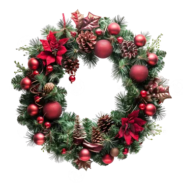 a christmas wreath with red and green decorations