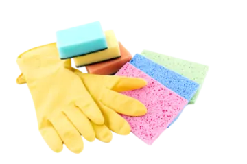 a pile of cleaning sponges and gloves