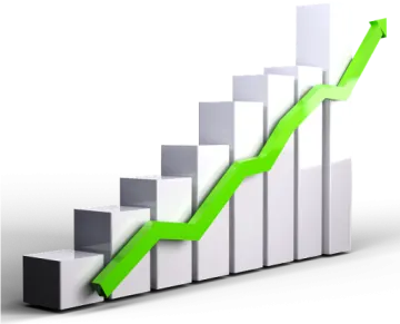 a bar chart with an arrow going up