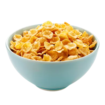 a blue bowl filled with cereal on a white background