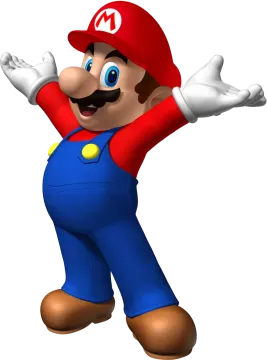 a cartoon character in a red hat and blue overalls